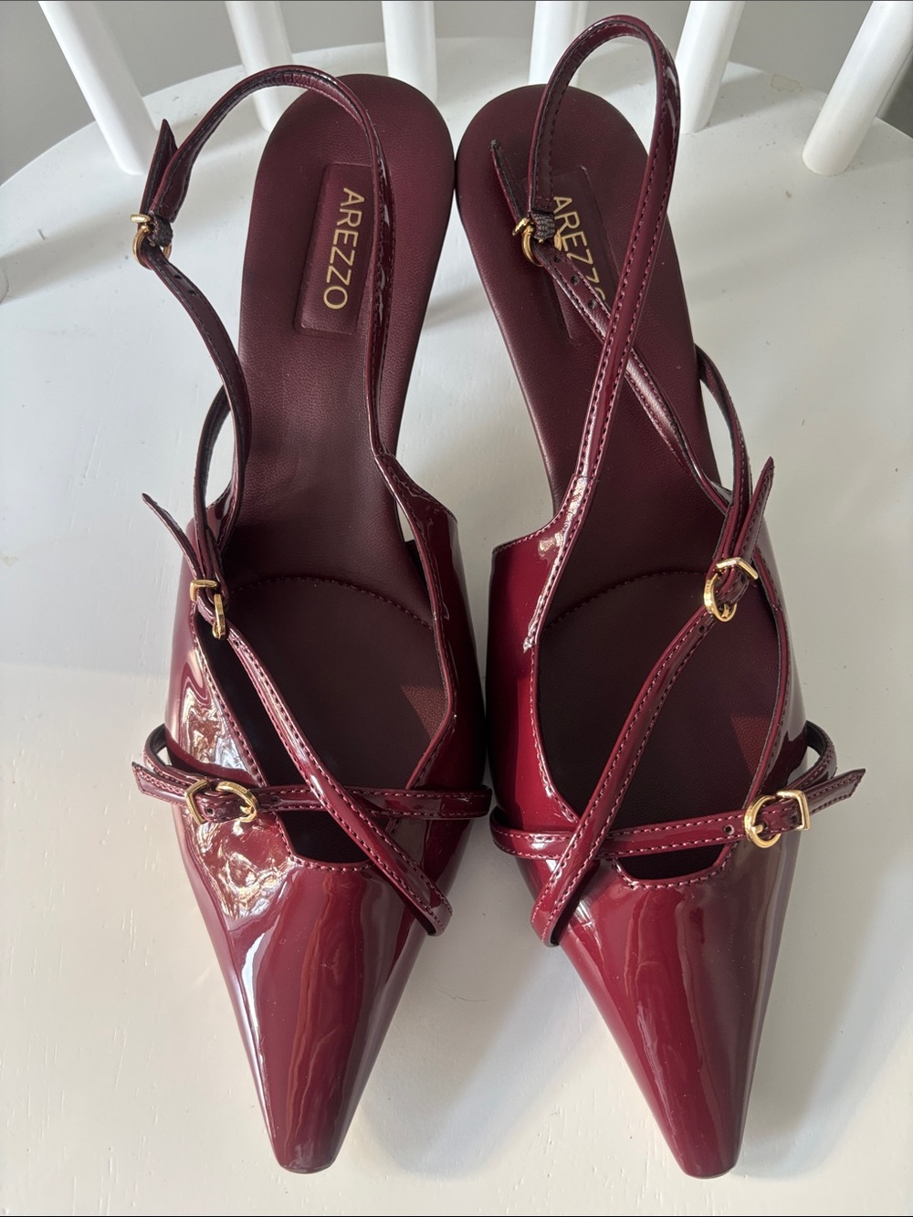 Arezzo Burgundy Patent Pointed-Toe Slingback Heels